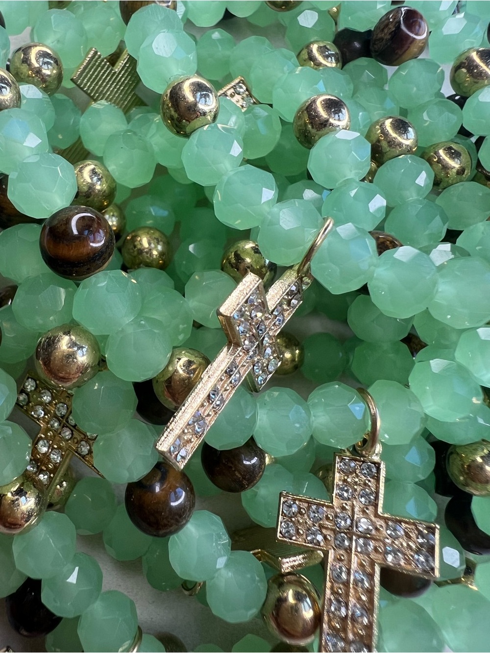 Tiger Eye with Cross Charm Beaded Stretch Bracelet NWOT